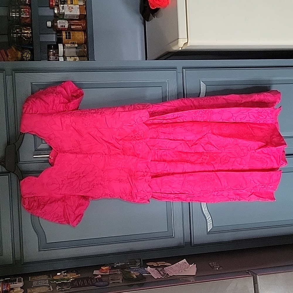 Like new vintage pink dress.scalloped neck& waistline.puckered sleeves
